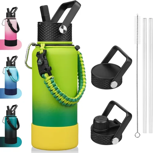Miniatura 45 de BJPKPK - Botella de agua con tapa de popote, botellas de agua aisladas de 18 onzas con 3 tapas, asa de cuerda de paracaídas y base antideslizante