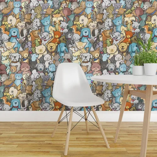 Miniatura 3 de Muestra de papel tapiz extraíble – Perros de rescate de mascotas animales lindos dibujos animados cuarto de niños gatos adoptar habitación