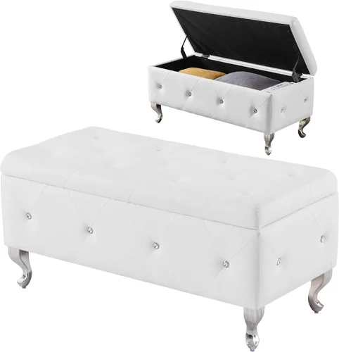 mikibama Banco otomano de piel sintética para dormitorio, banco otomano de almacenamiento con botones de cristal con asiento y patas de metal Blanco