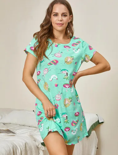 Miniatura 2 de PNAEONG - Camisón de algodón para mujer, de manga corta y con estampado, ropa de dormir informal