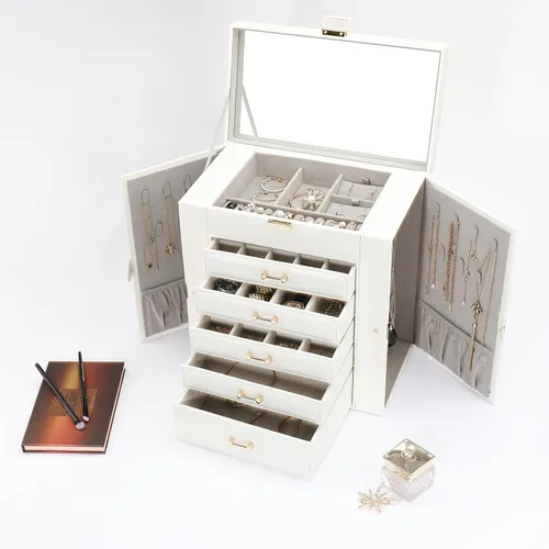 Miniatura 6 de V-LAFUY Joyero grande para mujer, organizador y almacenamiento de joyas, caja de joyería grande con espejo, color blanco