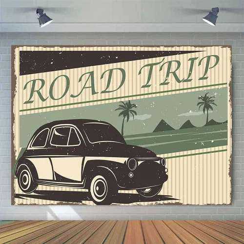 Sello de fondo de viaje por carretera, telón de fondo de coche para niños, fiesta de feliz cumpleaños, amigos, familia, viaje, decoración, fondo, 7