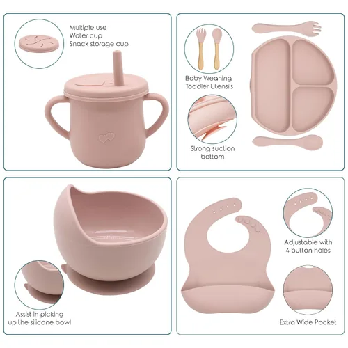 Miniatura 3 de Juego de alimentación para bebés 100% de silicona, sin BPA, con ventosa, plato dividido, juego de platos de autoalimentación para niños pequeños