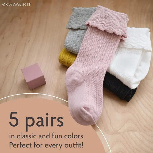 Miniatura 3 de CozyWay Calcetines altos hasta la rodilla, calcetines largos para recién nacidos, niñas y niños pequeños, uniformes con volantes, medias largas