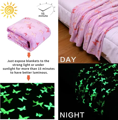Miniatura 4 de Manta que brilla en la oscuridad, regalos de mariposa para niños y niñas, cumpleaños, Navidad, dormitorio, decoración de habitación, suave, Morado