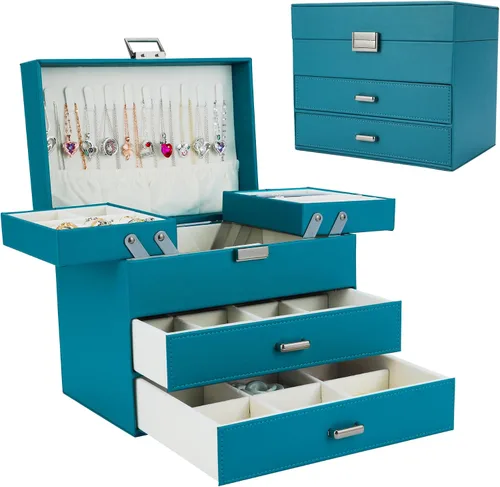Dajasan Organizador de joyero, caja organizadora de joyas, caja de almacenamiento de joyería de cuero de 4 capas, idea de regalo para mujeres,
