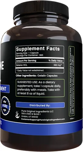Miniatura 2 de PURE ORIGINAL INGREDIENTS Betaína HCL (365 cápsulas) sin magnesio o rellenos de arroz, siempre puro, verificado por laboratorio
