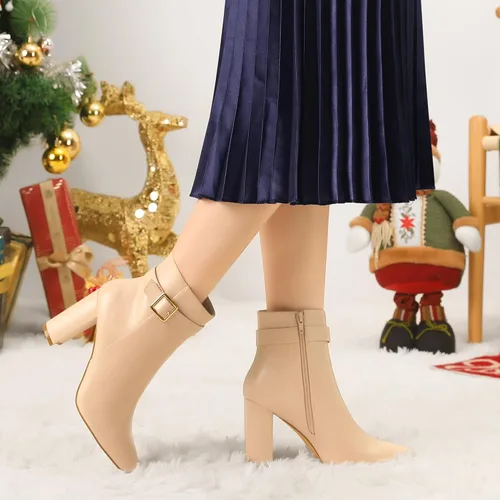 Miniatura 2 de Allegra K Botines de tacón decorativo con hebilla en punta para mujer