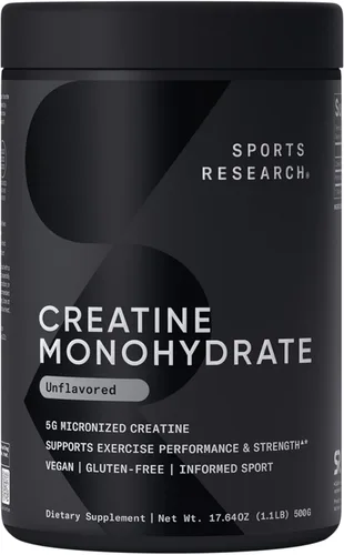 Sports Research Creatine Monohydrate - Ganar músculo magro, mejorar el rendimiento y la fuerza y apoyar la recuperación del entrenamiento* - 5 g de