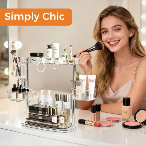 Miniatura 4 de Organizador de maquillaje giratorio de 360°, organizador de maquillaje con soporte para brochas y soporte de perfume, organizador de mostrador
