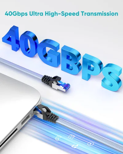 Miniatura 2 de BUSOHE Cable Ethernet Cat 8 de 50 pies, cable para conexión de red LAN, 26AWG de nailon trenzado de alta velocidad, cable plano aislado de 40 Gbps