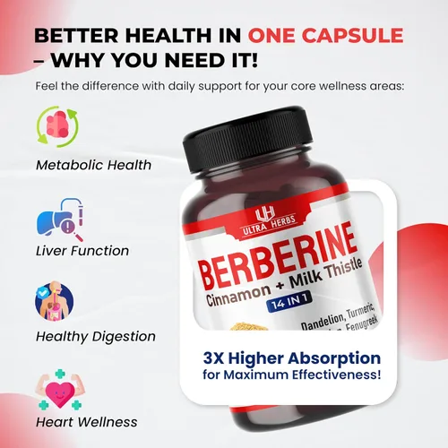 Miniatura 4 de Ultra Herbs Berberina prémium con canela, cardo mariano - Promueve la función hepática, la salud intestinal y la inmunidad (150