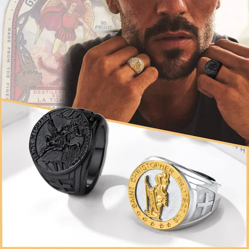 Miniatura 3 de PROSTEEL Anillo de San Miguel, anillo de San Cristóbal, el gran arcángel protector derrotando a Satanás, anillo de amuleto de acero inoxidable