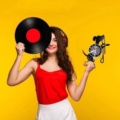 Miniatura 6 de The Geeky Days Reloj de pared de cuarzo silencioso con batería de disco de vinilo negro para perros y mascotas, reloj colgante de álbum retro Sin luz