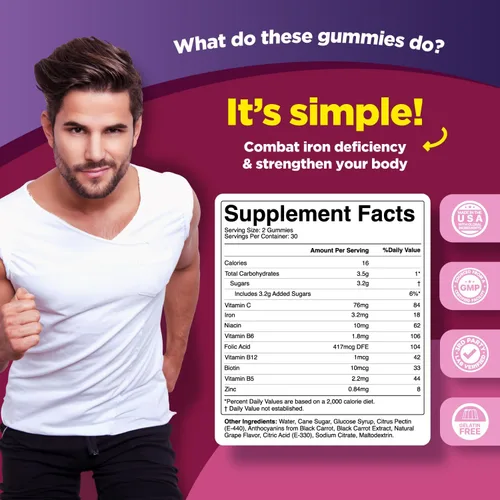 Miniatura 8 de Gomitas de hierro multivitamínico natural para adultos, vitaminas gomosas para adultos con hierro y vitaminas del complejo B que aumentan