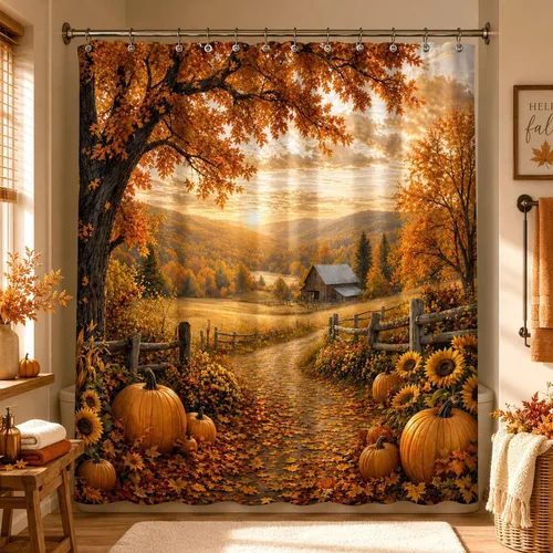 Miniatura 2 de Autumn Pumpkin Shower Curtain, Fall Farmhouse Bathroom Curtain, Thanksgiving Harvest Sunflower Maple Leaves Country Road Waterproof Polyester Fabric