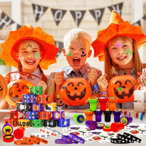 Miniatura 7 de MGparty Paquete de 288 regalos de fiesta de Halloween, juguetes a granel para niños, sellos de tatuajes, pulseras de goma, pulseras de goma