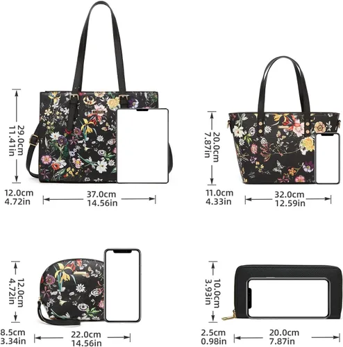 Miniatura 168 de Juego de 4 bolsas modernos para mujer de cuero sintético: bolso tote, bolso de hombro, bolso de mano y cartera.