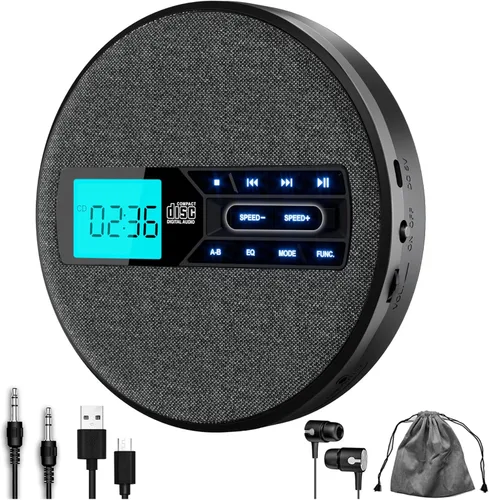 Reproductor de CD portátil, reproductor de CD portátil recargable con altavoces duales y antisalto, CD, USB, AUX, pantalla LCD, botón Negro