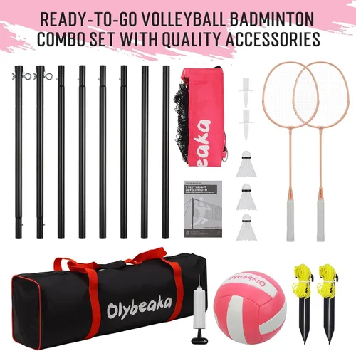Miniatura 8 de Juego de red combinada de voleibol y bádminton de 20 pies para exteriores para patio trasero y playa con postes ajustables, red duradera Rosa