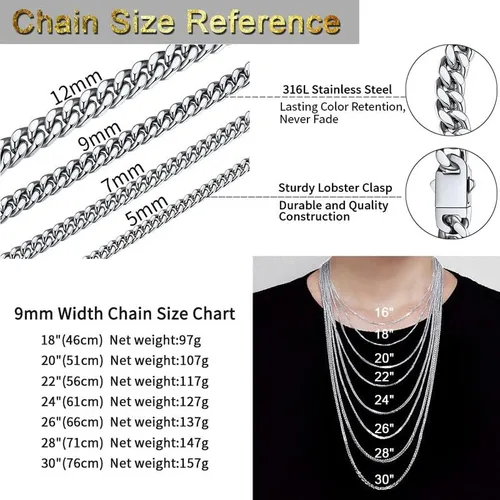 Miniatura 6 de ChainsHouse Cadena de eslabones cubanos de acero inoxidable para hombre, negrooro de 18 quilates, cadena cubana de Miami, 570.354 in0.472 in