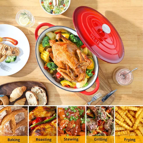 Miniatura 5 de Velaze Olla de horno holandés ovalada esmaltada de 7.5 QT con tapa, horno holandés de hierro fundido con asas duales para hornear pan, cocinar, Rojo