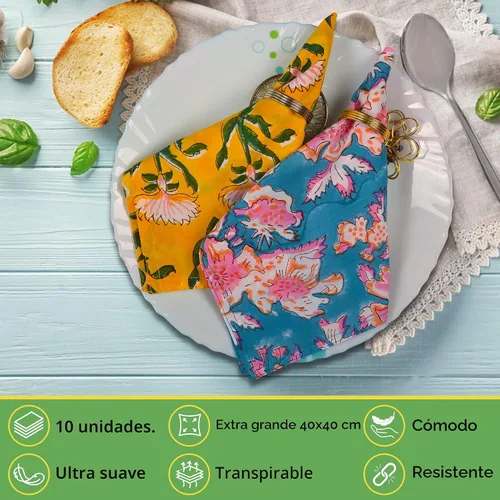 Miniatura 3 de DIYANAIMPEX 10 Servilletas de Tela de Algodón con Estampado en Bloque a Mano Hechas a Mano Tamaño 16x16 Pulgadas Estampadas Decoración del Hogar