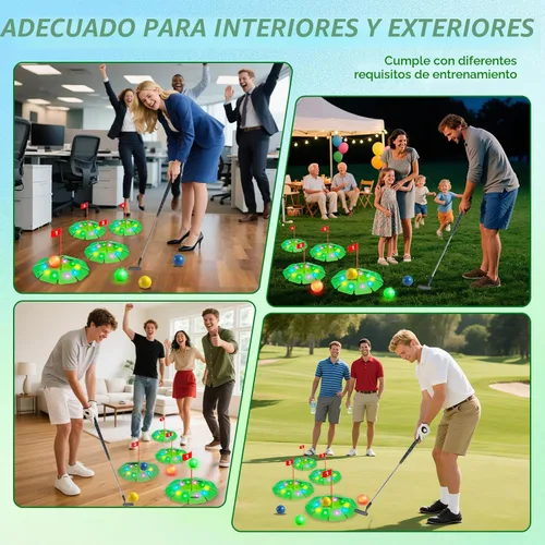 Miniatura 6 de Juego de golf iluminado VATOS - Mini juguete de golf con brillo con 4 agujeros LED, 4 bolas (2 brillantes), putter extensible, construye tu propio