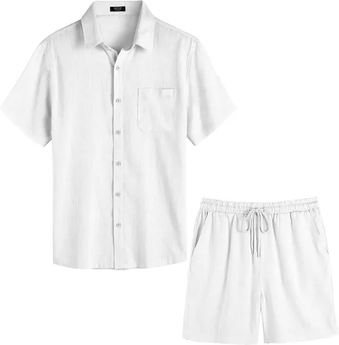 Miniatura 3 de COOFANDY Men 2 Piece Linen Set Casual Short Sleeve Shirt and Short Beach Set