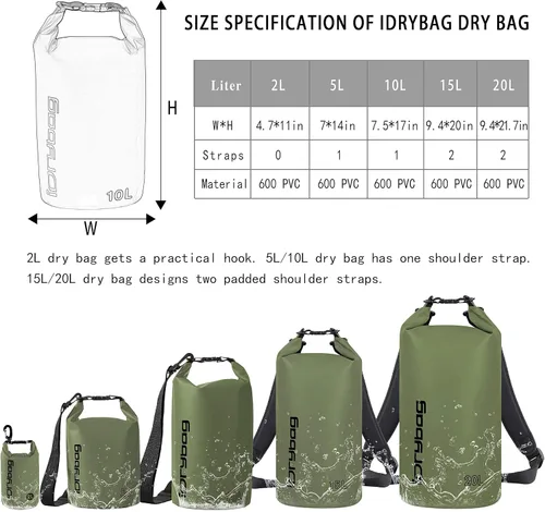 Miniatura 4 de IDRYBAG Bolsa seca para kayak impermeable 2L/5L/10L/15L/20L, pequeña bolsa impermeable para navegación Verde militar