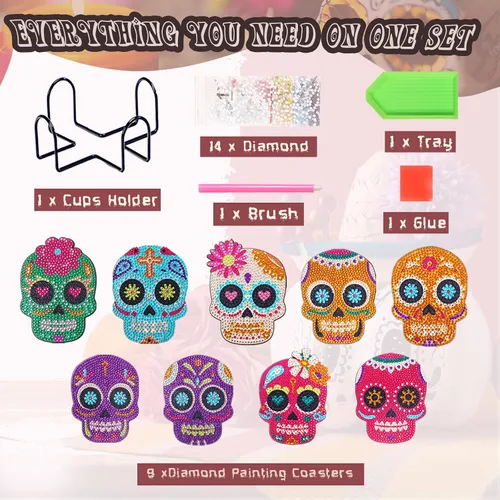 Miniatura 2 de TAVOLOZZA 9 posavasos de pintura de diamante, juego de posavasos de arte de diamante, posavasos de pintura de diamante para principiantes y niños