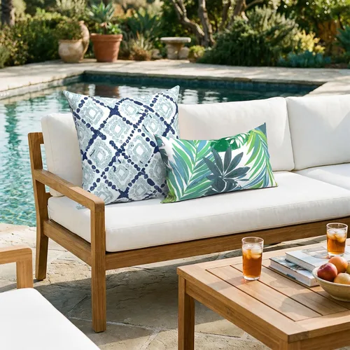Miniatura 577 de Juego de 2 almohadas para exteriores de 16 x 16 pulgadas, repelentes al agua con interiores, para muebles de patio, hogar, jardín, geometría bohemia