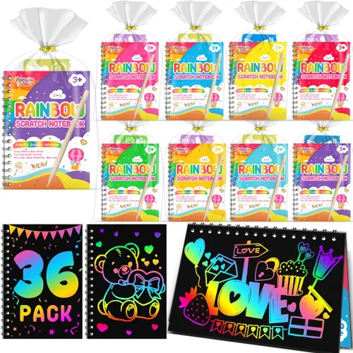 Miniatura 21 de Recuerdos de papel para rascar para fiestas para niños: paquete de 16 cuadernos de rayas arcoíris, bolsas de regalo, libros para colorear, recuerdos