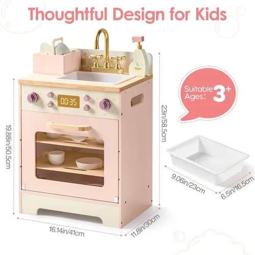 Miniatura 5 de ROBOTIME Fregadero Lavavajillas de Juguete de Madera – Juguete de Cocina Rosa de Fantasía con Grifo Dorado, Perillas Giratorias, Estante