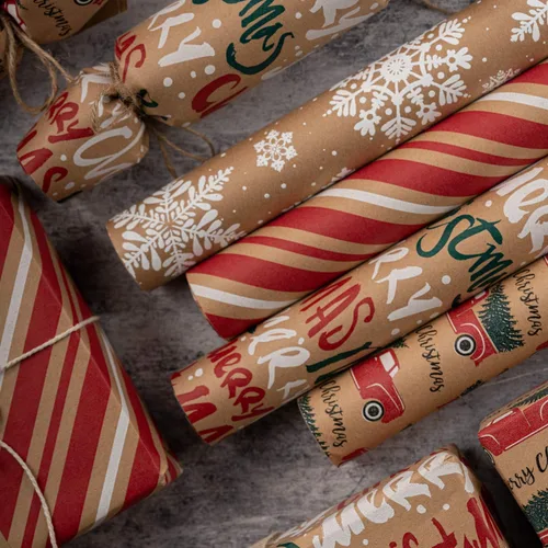Miniatura 3 de RUSPEPA Papel de regalo, papel kraft – Copos de nieve, coche y árbol de Navidad, rayas y Feliz Navidad – 4 rollos – 30 pulgadas x 10 pies por rollo