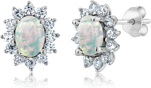 Miniatura 168 de Gem Stone King Aretes ovalados de plata de ley 925 de 0.276 x 0.197 in con piedra natal de la princesa Diana, estilo halo real para mujeres