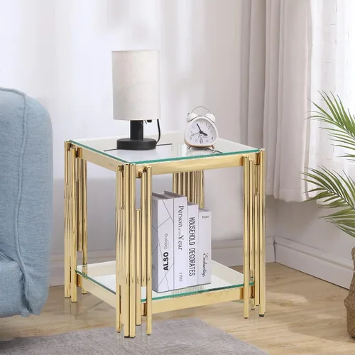 Miniatura 9 de Mesa auxiliar de cristal de 20 pulgadas, mesa de centro dorada para sala de estar, mesa auxiliar ancha de vidrio cuadrada, mesa auxiliar con 2