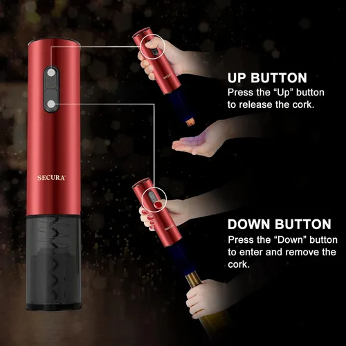 Miniatura 5 de Secura Abridor de vino eléctrico, sacacorchos eléctrico automático de botellas de vino con cortador de papel de aluminio, recargable (rojo)