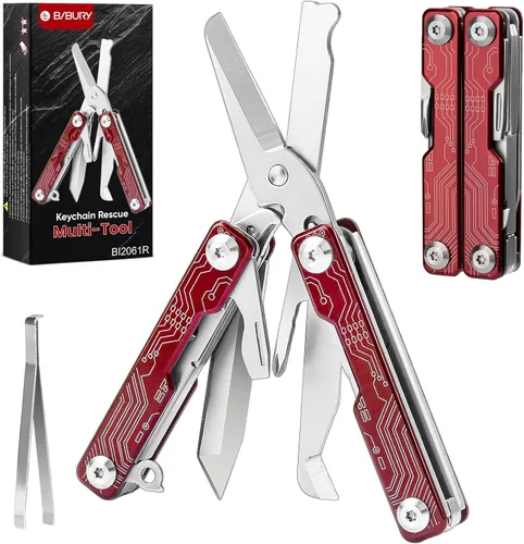 Miniatura 9 de BIBURY Mini Llavero Multiherramienta Tijeras BI2061R, 9 en 1 Multiherramienta EDC Tijeras con Destornillador, Abrebotellas, Cuchillo de Bolsillo