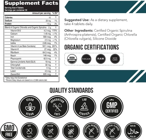 Miniatura 2 de Tabletas orgánicas de espirulina y clorella – 4 certificaciones orgánicas, crudas, no irradiadas – 50/50 mezcla de algas verdes azules – Contenido
