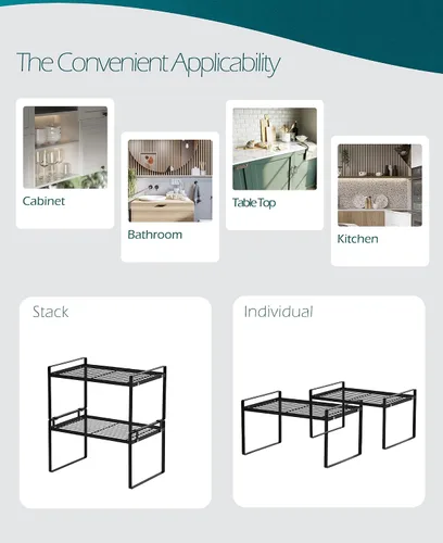 Miniatura 4 de Shantton Paquete de 2 estantes de gabinete de cocina, estante organizador de despensa, baño, dormitorio, oficina, mesa, escritorio, ahorro