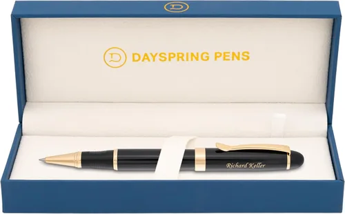 Dayspring Pens Alexandria - Bolígrafo de punta redonda, negro con borde dorado, barril grande, grabado dorado en la tapa, repuesto estándar