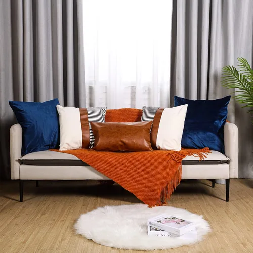 Miniatura 5 de Tradder Juego de 5 fundas de almohada decorativas de 20 x 20 pulgadas, 18 x 18 pulgadas, 12 x 20 pulgadas, modernas, de piel sintética y lino a