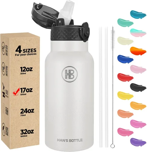 Miniatura 45 de Han's Bottle - Botella de agua para niños con tapa con pajilla - Vaso reutilizable de acero inoxidable aislado para niñas, niños, taza termo, 17