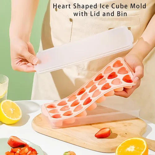 Miniatura 5 de Paquete de 2 bandejas de cubitos de hielo en forma de corazón con tapa y contenedor - 48 agujeros, bandeja de cubitos de hielo mini de corazón