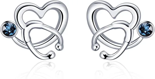 AOBOCO - Aretes tipo dormilona de plata esterlina con forma de estetoscopio y piedras natales de imitación, joyería fina para regalo enfermero,
