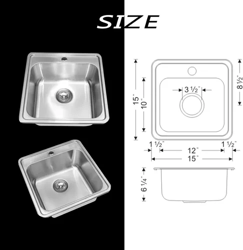 Miniatura 2 de WellsSinkware CMT1515-6-1 - Fregadero de cocina rectangular de acero inoxidable calibre 22 con accesorios, gran caravana, oficina en casa