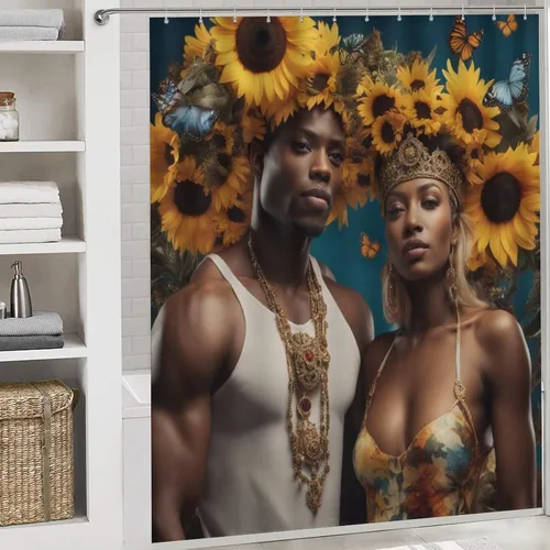 Juego de cortinas de ducha para parejas afroamericanas, cortina de baño con 12 ganchos, tela de poliéster impermeable y lavable a máquina