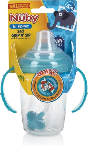 Miniatura 2 de Nuby No Spill 360 - Vaso de Tritan con agarre y popote ponderado N' Sip con cubierta higiénica, 8 onzas, vaso de entrenamiento, verde azulado