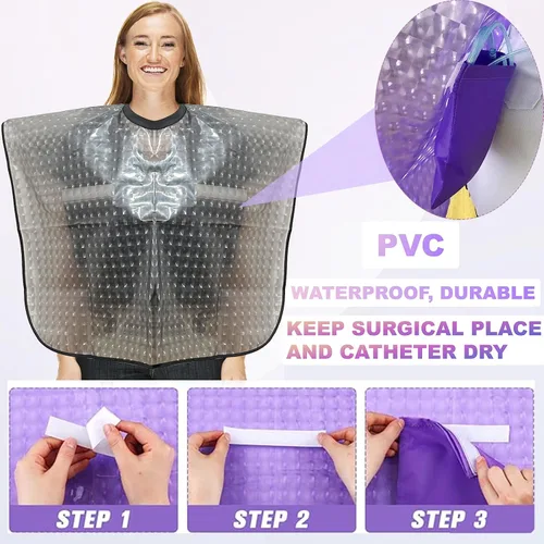 Miniatura 3 de Capa de ducha impermeable poscirugía para mastectomía con bolsillos de drenaje, mantiene las heridas secas durante el baño
